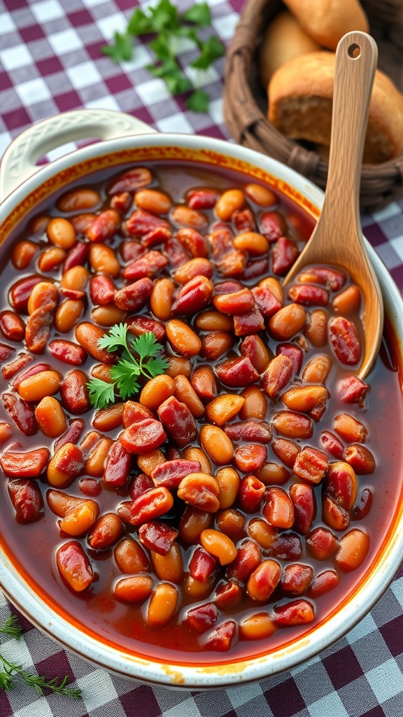 A large bowl of baked beans with bacon and parsley on a picnic table.